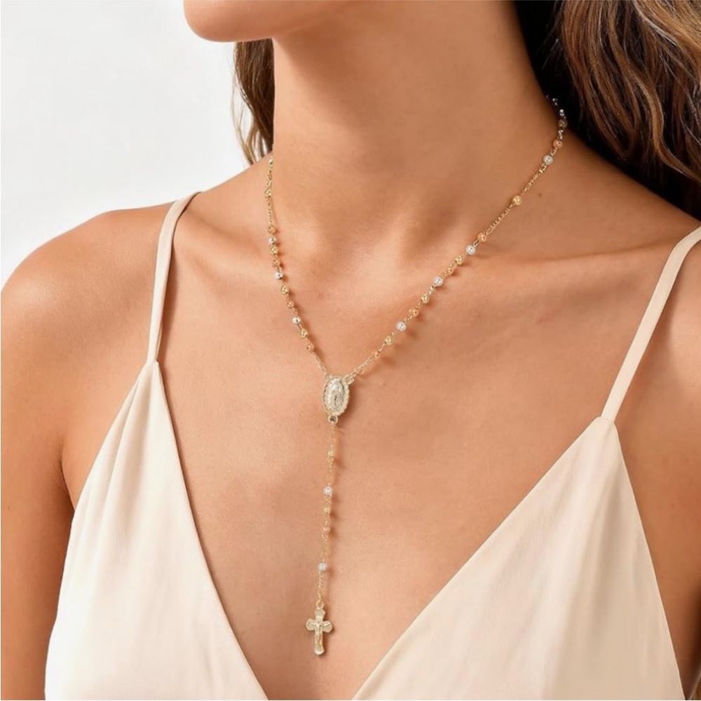 Elegant Silver and Gold Beaded Rosary Necklace